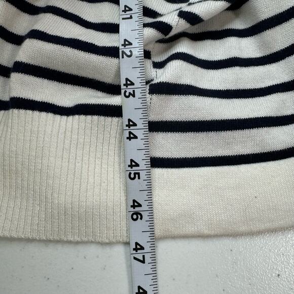 Cabi Duster Cardigan Open Sweater Women's Medium Navy Cream Striped Long Knit - Picture 10 of 13